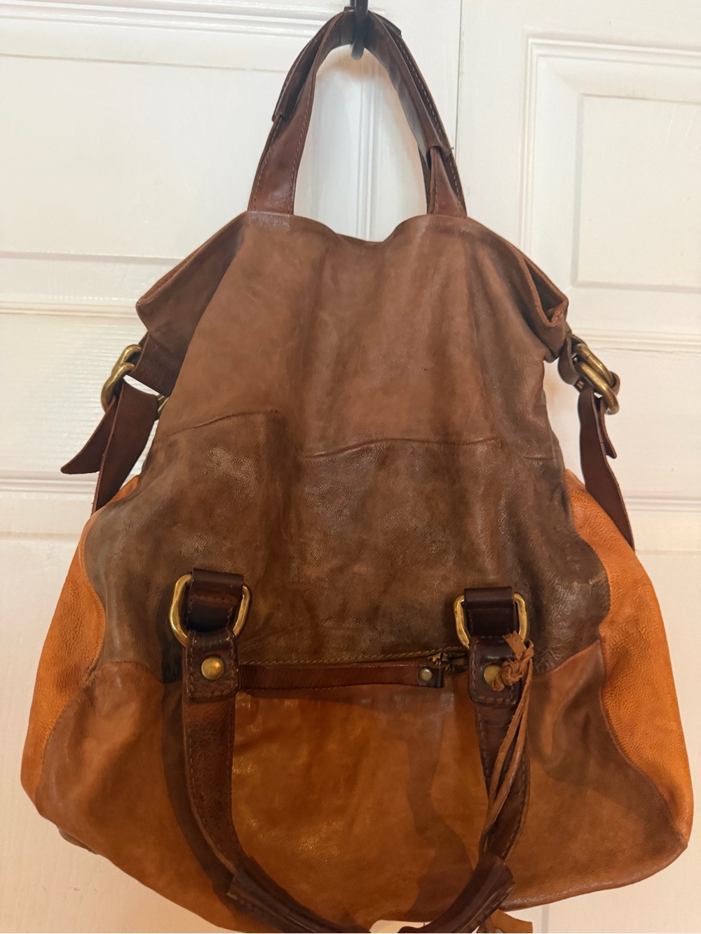 A.S.98 Two-Tone Brown Leather Tote Bag - Distressed Cognac & Tan
